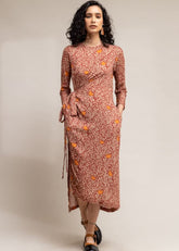 A Model Wearing Brown Upcycled Cotton  Felicia Slit Dress, curated by Only Ethikal